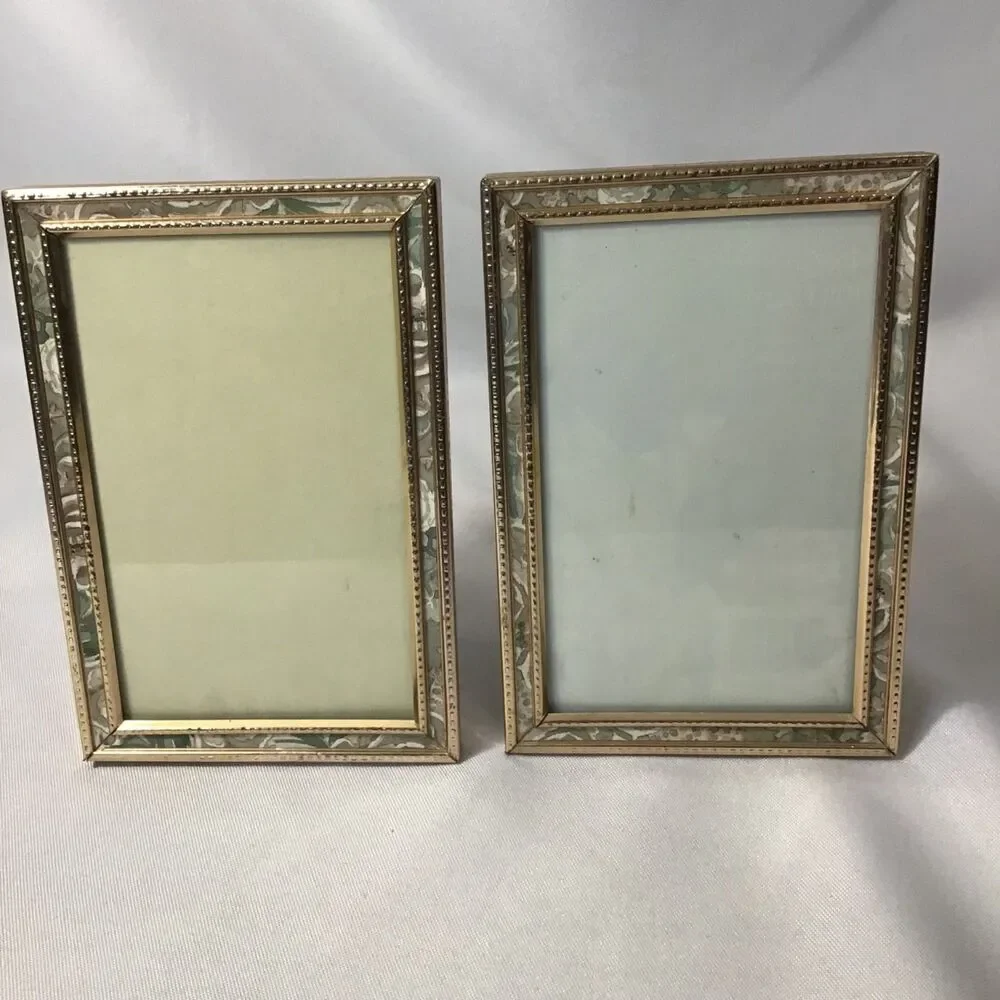Gold Tone Picture Frame Floral Inlay Accent 3x5in Photo Desk Frame Set of 2